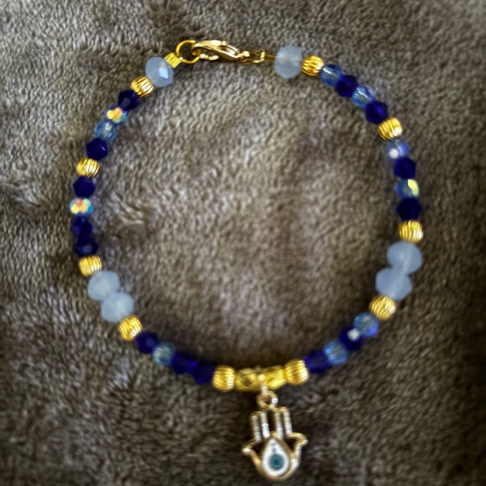 Blue and Gold Beaded Bracelet with Hamsa Charm